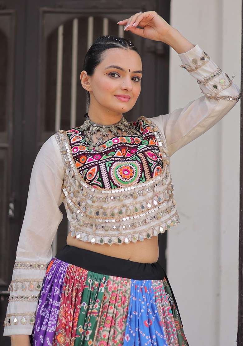 Multicolor Mirror Work Cotton Chaniya Choli Set For Navratri And Garba - Indya