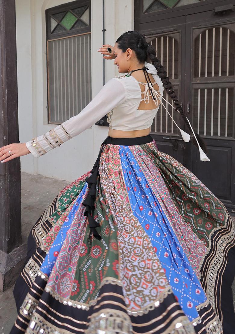 Multicolor Mirror Work Cotton Lehenga Set - Indya