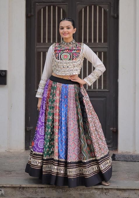 Multicolor Mirror Work Cotton Chaniya Choli Set For Navratri And Garba