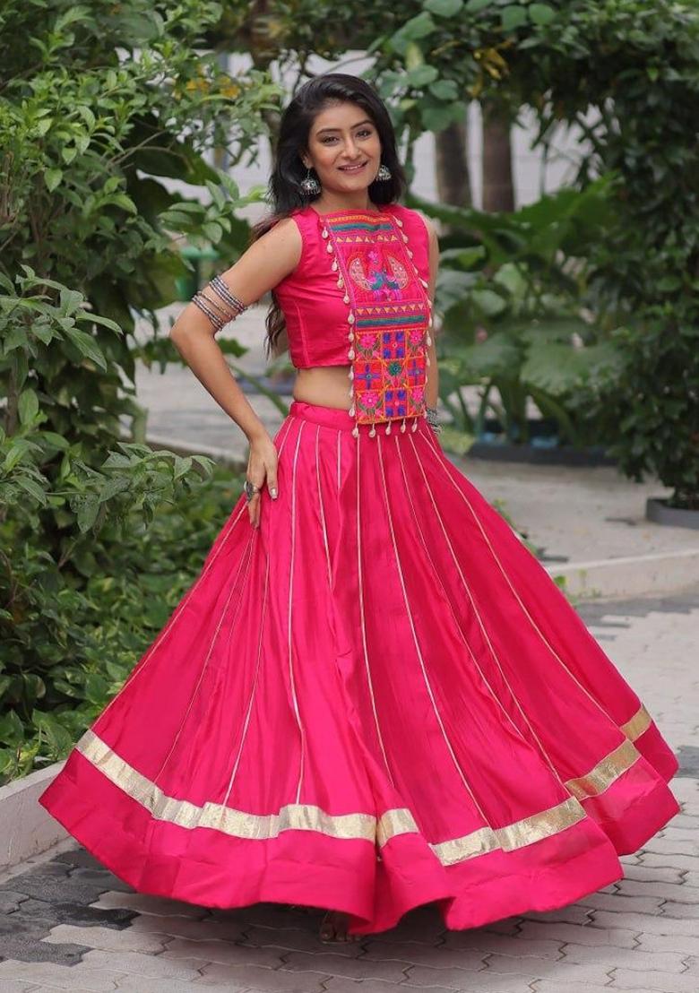 Red Mirror Work Cotton Lehenga Set - Indya