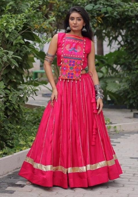 Red Mirror Work Cotton Chaniya Choli Set For Navratri And Garba