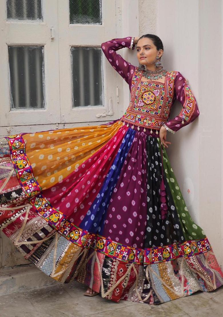 Multicolor Embroidered Georgette Lehenga Set - Indya