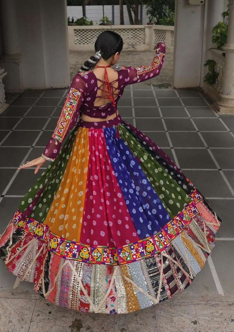 Multicolor Embroidered Georgette Chaniya Choli Set For Navratri And Garba - Indya