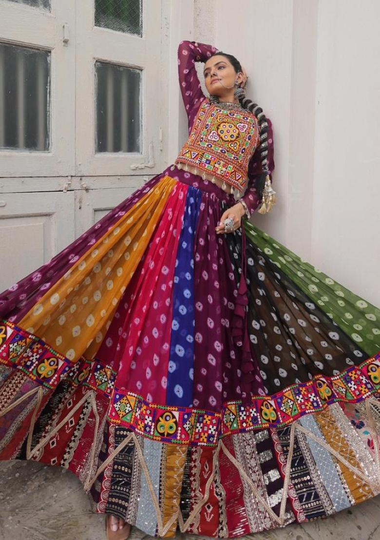 Multicolor Embroidered Georgette Lehenga Set - Indya