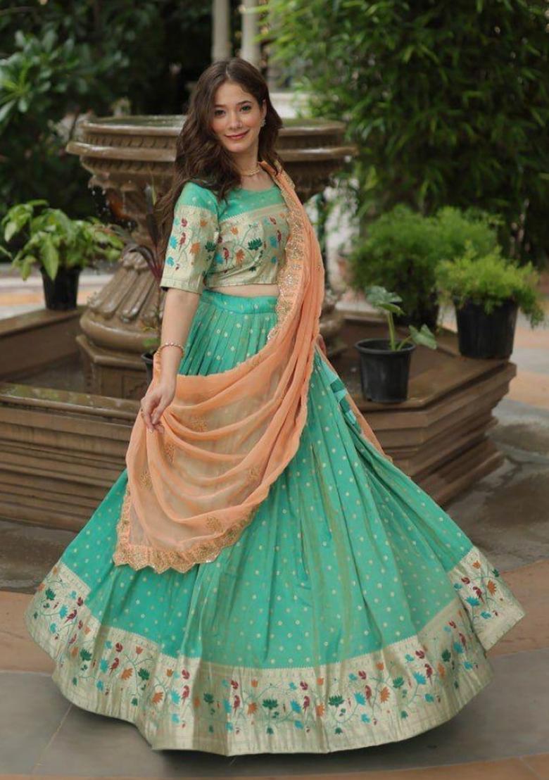 Blue Weaved Cotton Lehenga Set - Indya