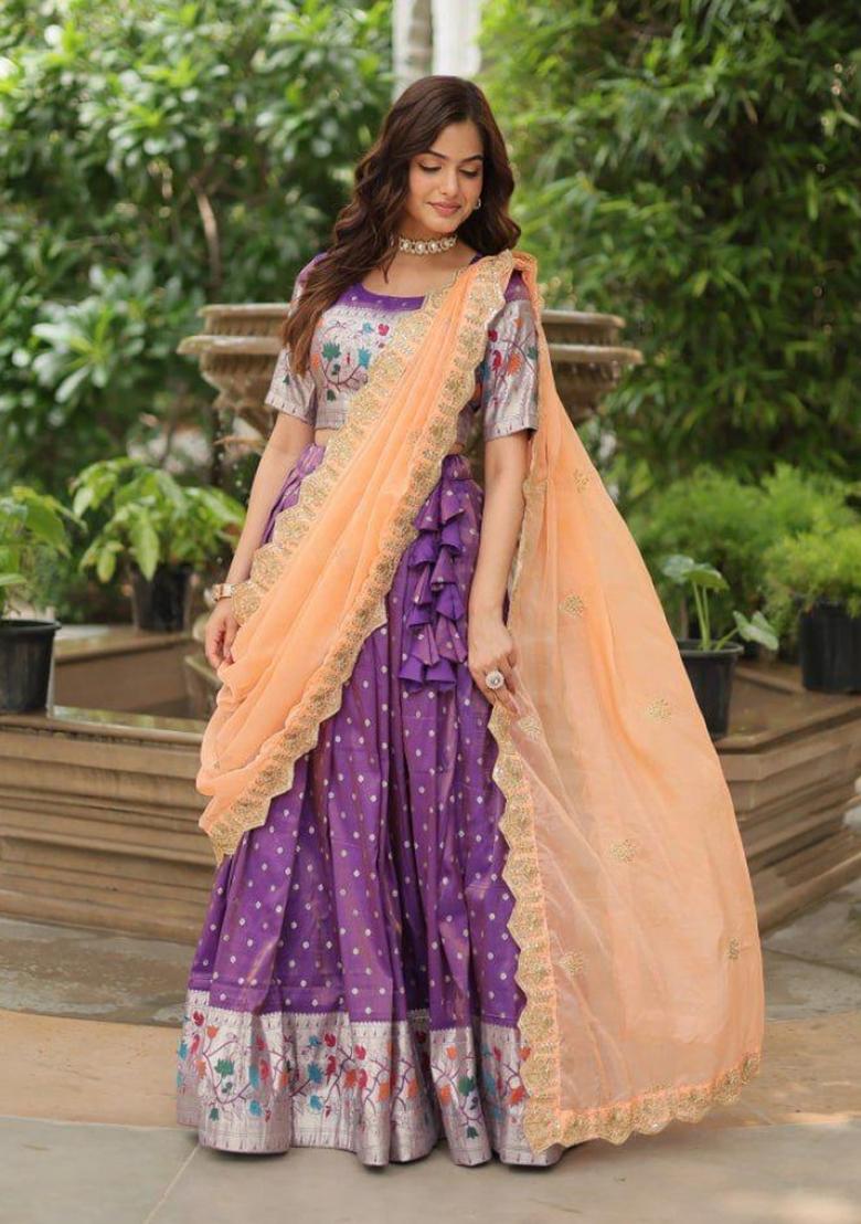 Violet Weaved Cotton Lehenga Set - Indya
