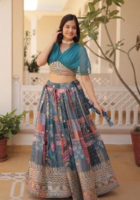 Blue Embroidered Silk Lehenga Set