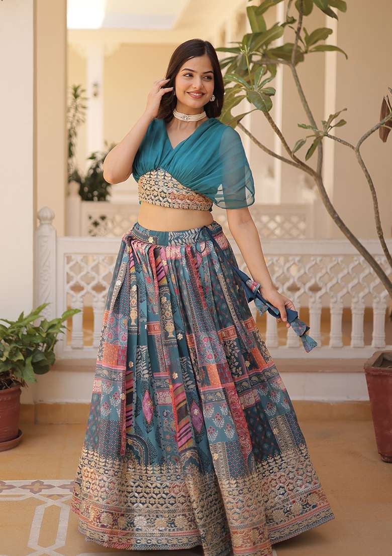 Blue Embroidered Silk Lehenga Set - Indya