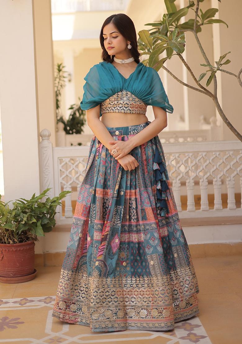 Blue Embroidered Silk Lehenga Set - Indya