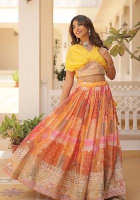 Orange Embroidered Silk Lehenga Set