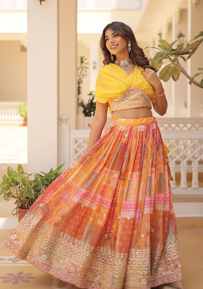 Orange Embroidered Silk Lehenga Set - Indya