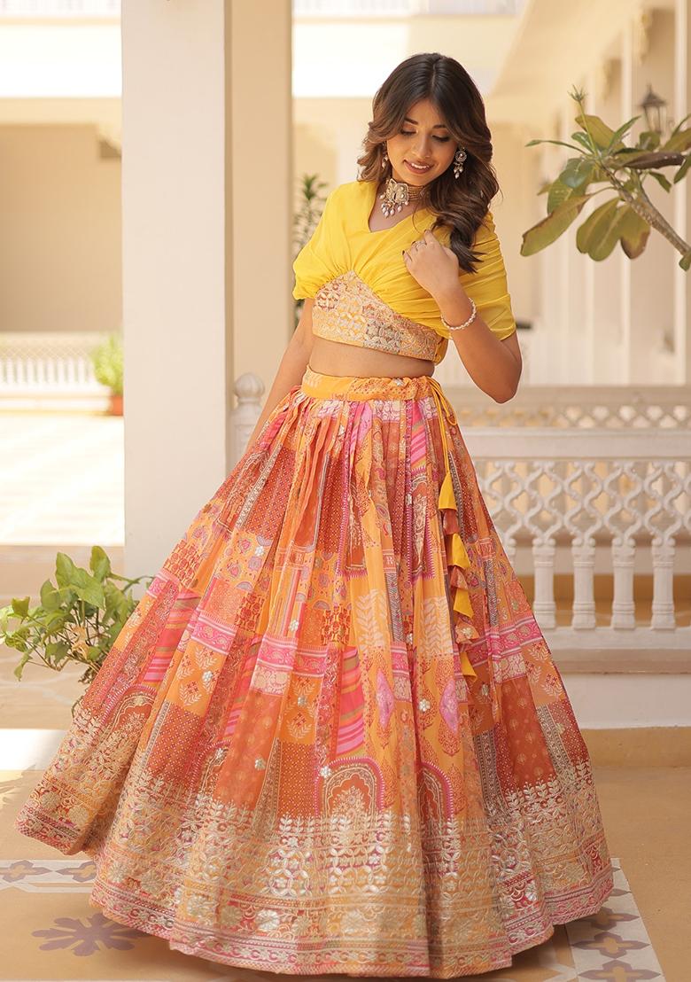 Orange Embroidered Silk Lehenga Set - Indya