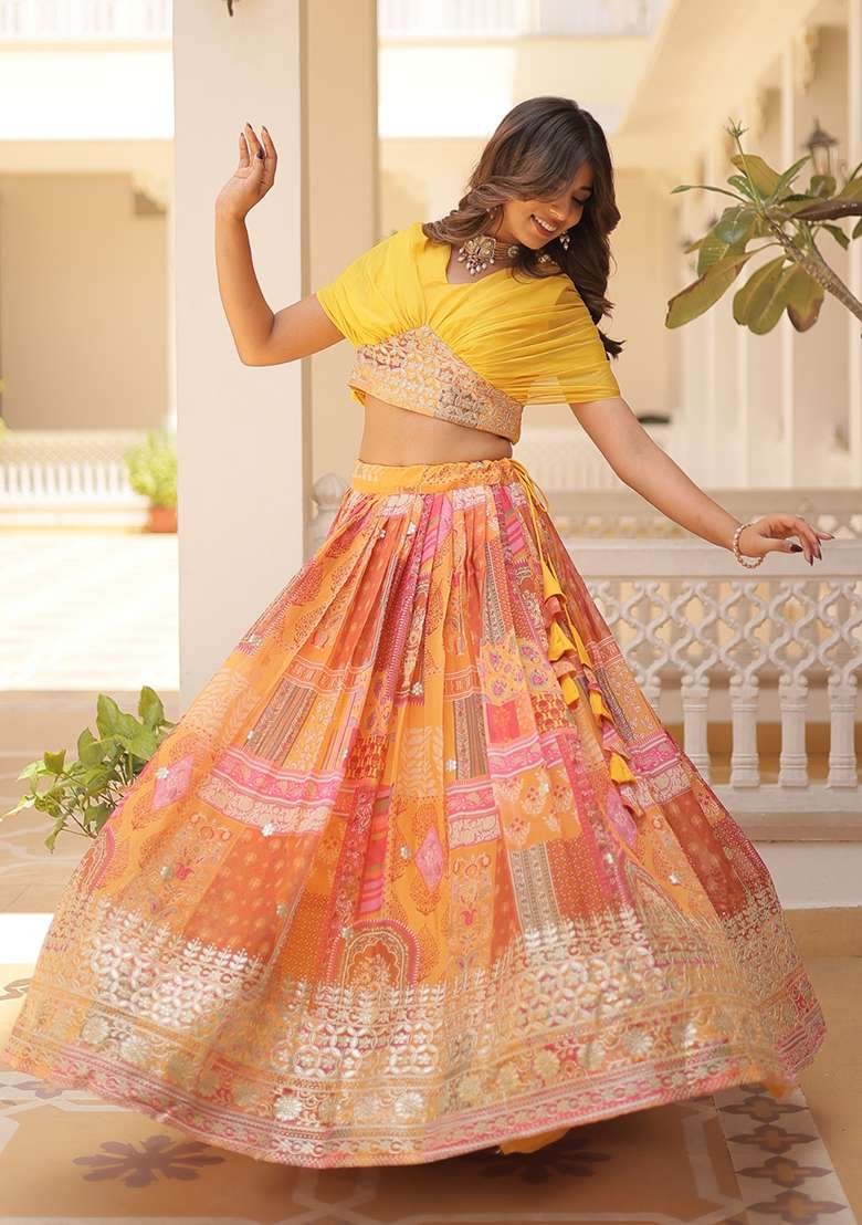 Orange Embroidered Silk Lehenga Set - Indya