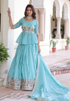 Sky Blue Embroidered Silk Lehenga Set