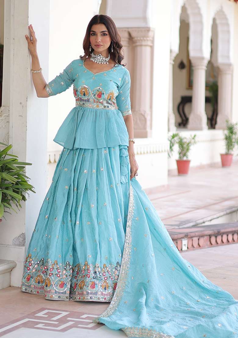 Sky Blue Embroidered Silk Lehenga Set - Indya