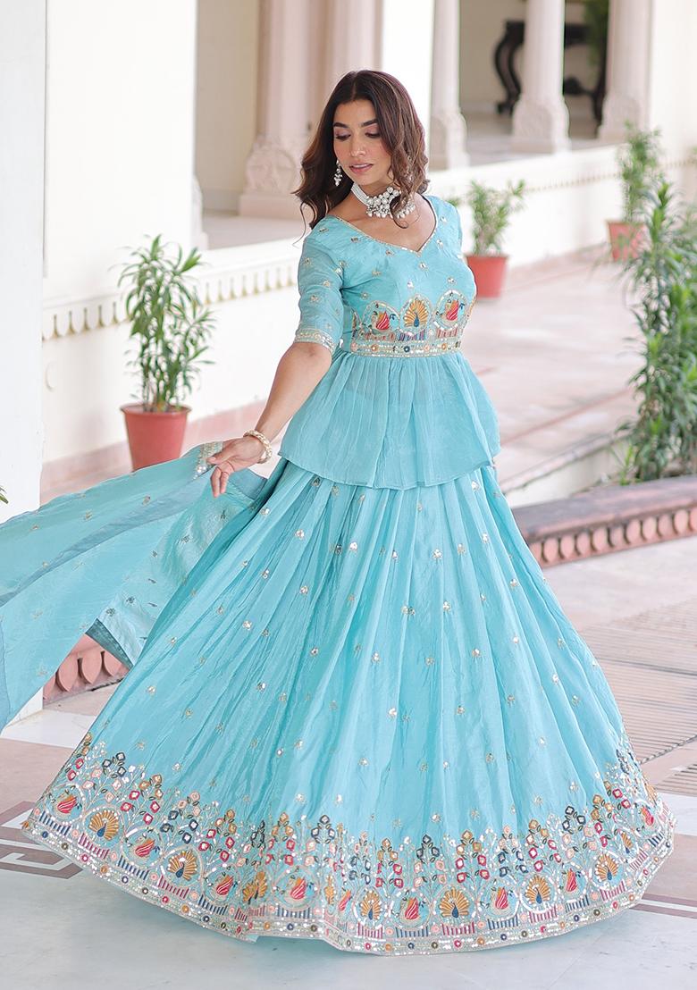 Sky Blue Embroidered Silk Lehenga Set - Indya
