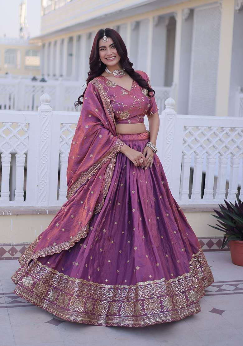 Purple Embroidered Silk Lehenga Set - Indya