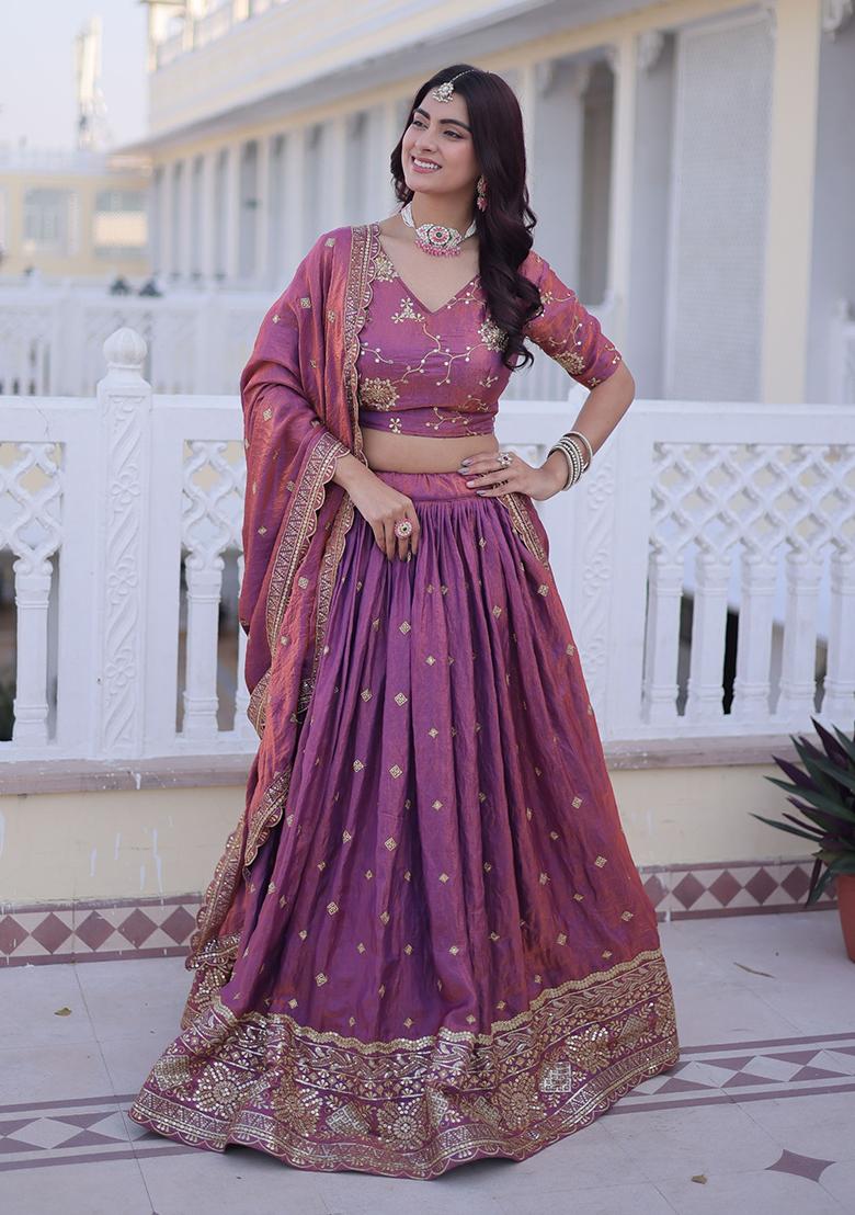 Purple Embroidered Silk Lehenga Set - Indya
