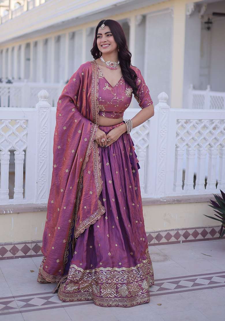 Purple Embroidered Silk Lehenga Set - Indya