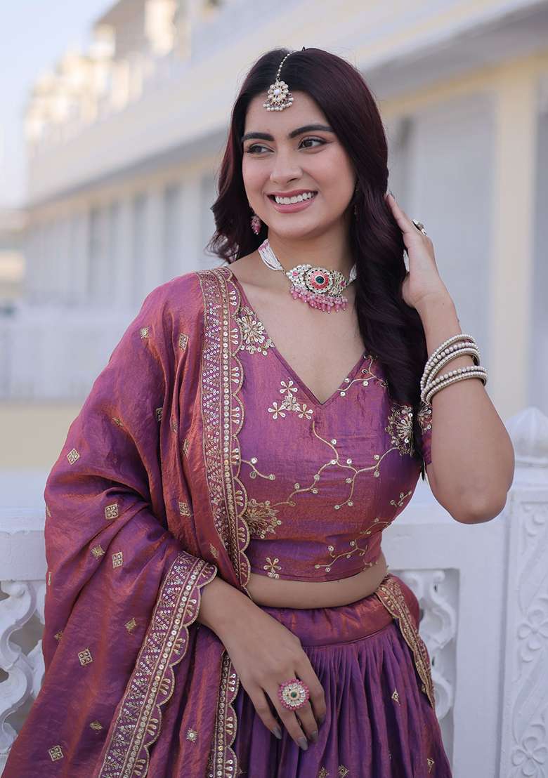 Purple Embroidered Silk Lehenga Set - Indya