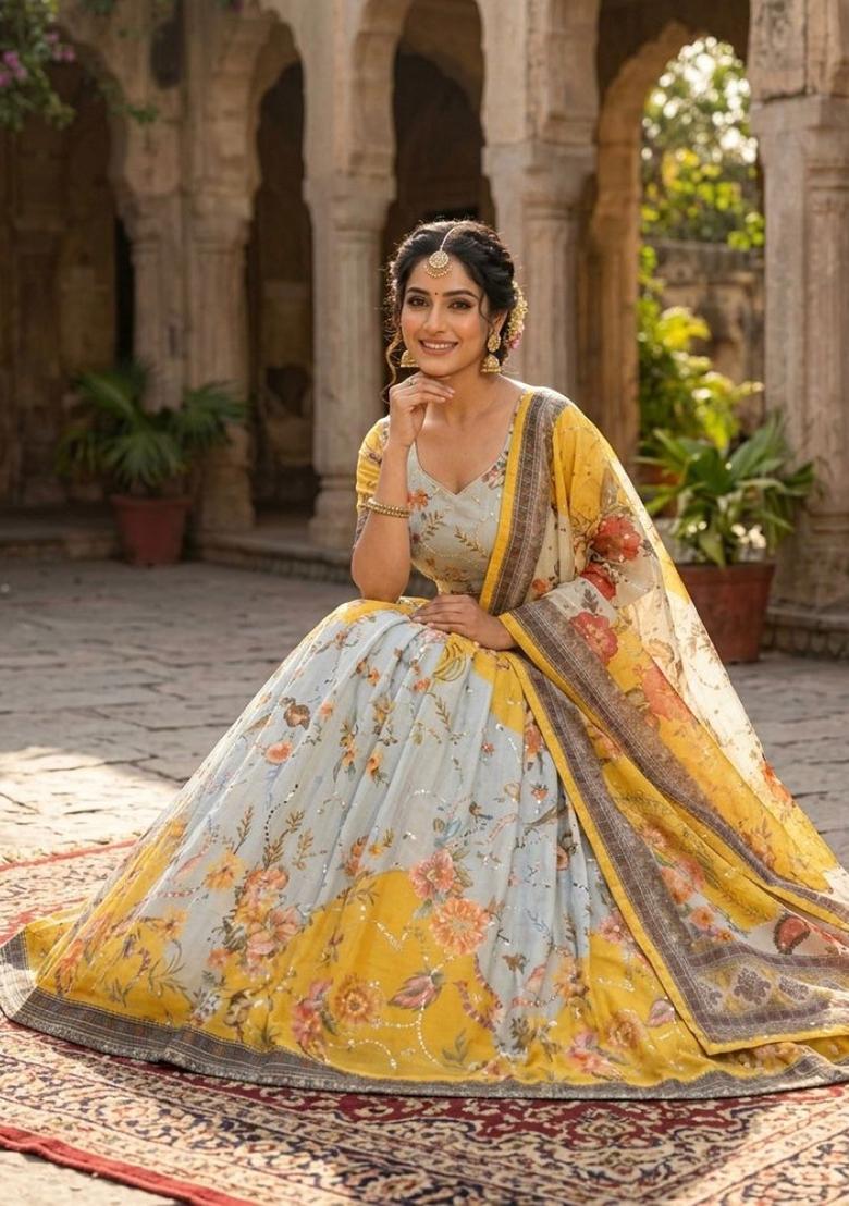 Yellow Embroidered Silk Lehenga Set - Indya