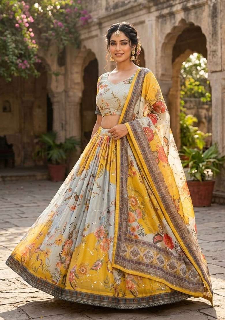 Yellow Embroidered Silk Lehenga Set - Indya