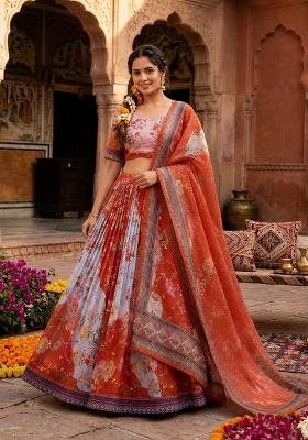 Orange Embroidered Silk Lehenga Set