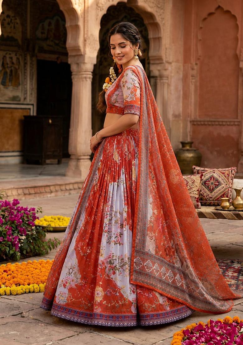 Orange Embroidered Silk Lehenga Set - Indya