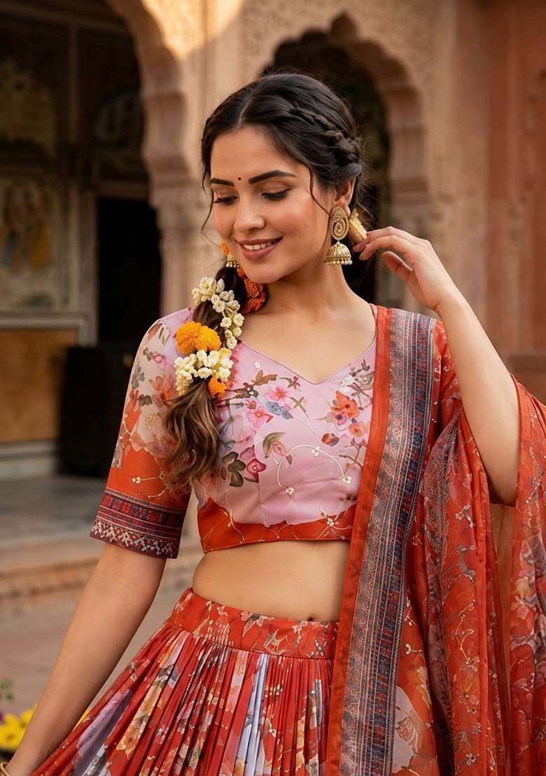 Orange Embroidered Silk Lehenga Set - Indya