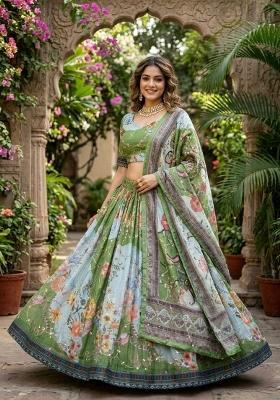 Green Embroidered Silk Lehenga Set