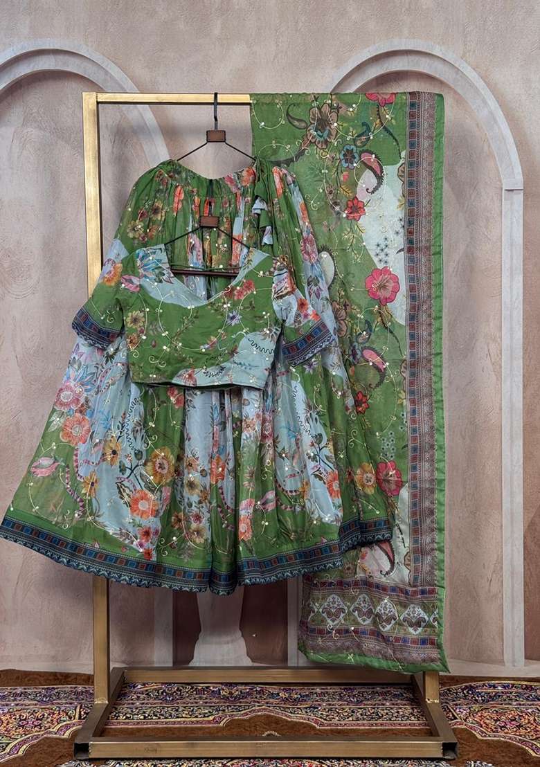 Green Embroidered Silk Lehenga Set - Indya