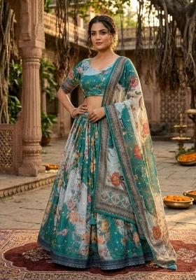 Blue Embroidered Silk Lehenga Set