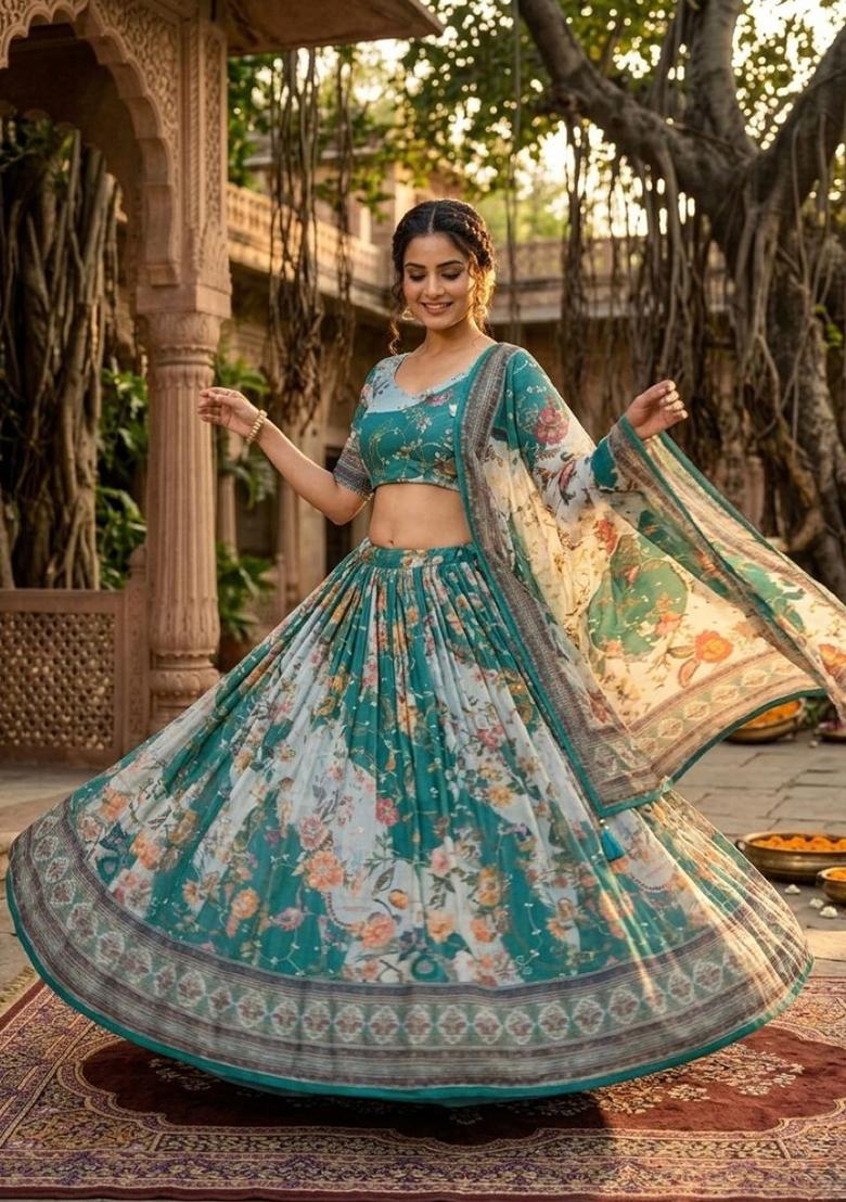 Blue Embroidered Silk Lehenga Set - Indya