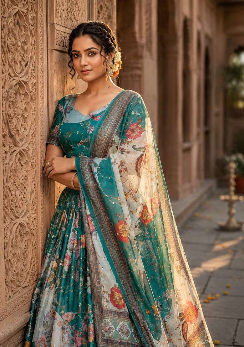 Blue Embroidered Silk Lehenga Set - Indya
