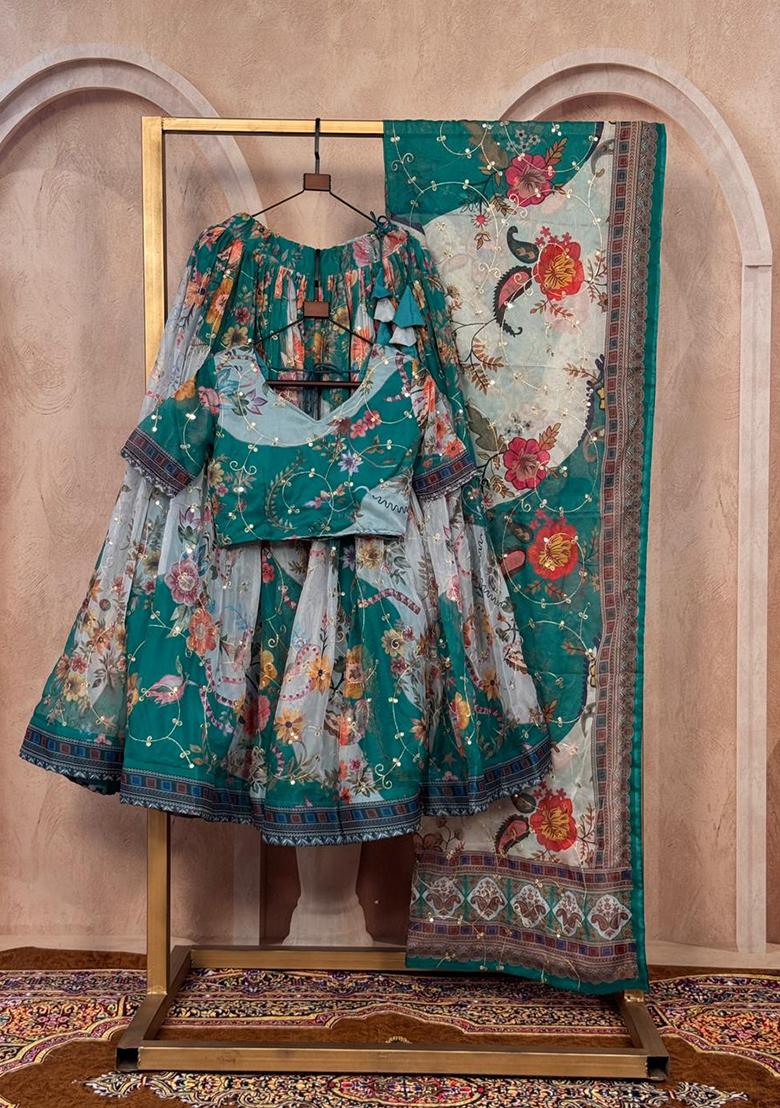 Blue Embroidered Silk Lehenga Set - Indya