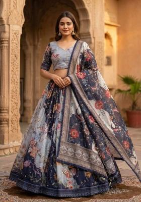 Grey Embroidered Silk Lehenga Set