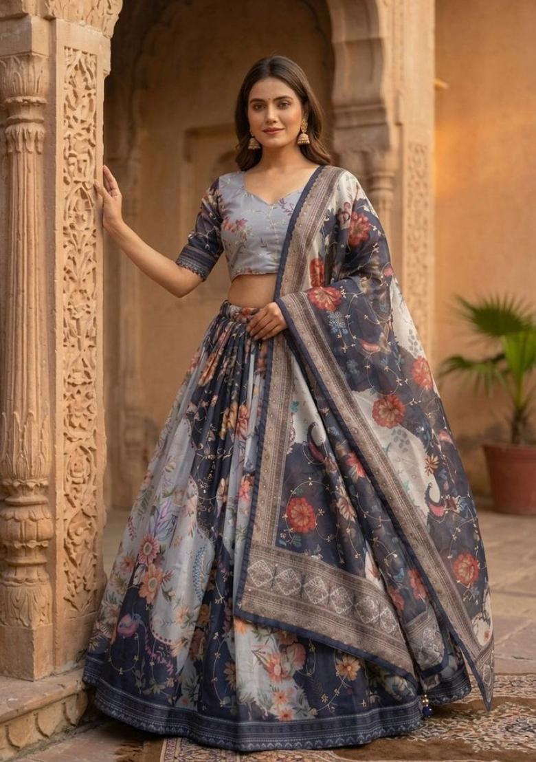 Grey Embroidered Silk Lehenga Set - Indya