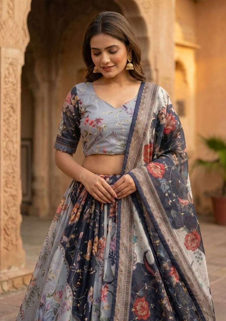 Grey Embroidered Silk Lehenga Set - Indya