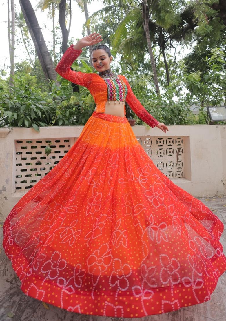 Orange Kutch Work Georgette Lehenga Set - Indya