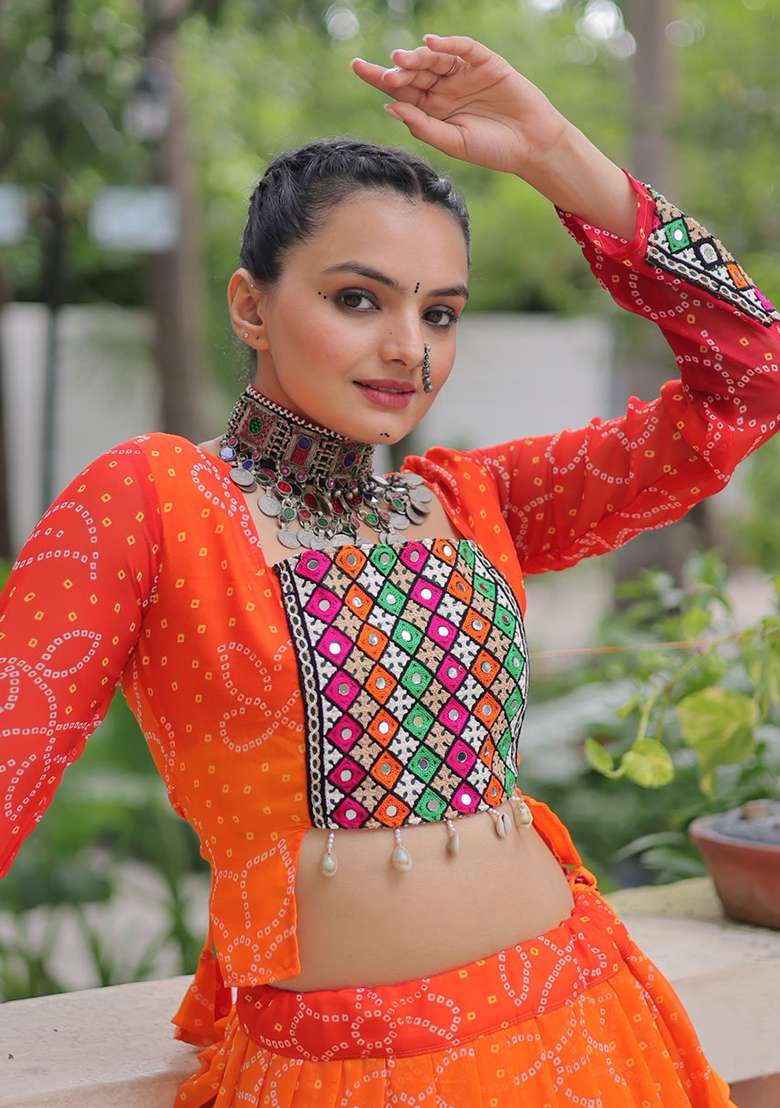 Orange Kutch Work Georgette Chaniya Choli Set For Navratri And Garba - Indya