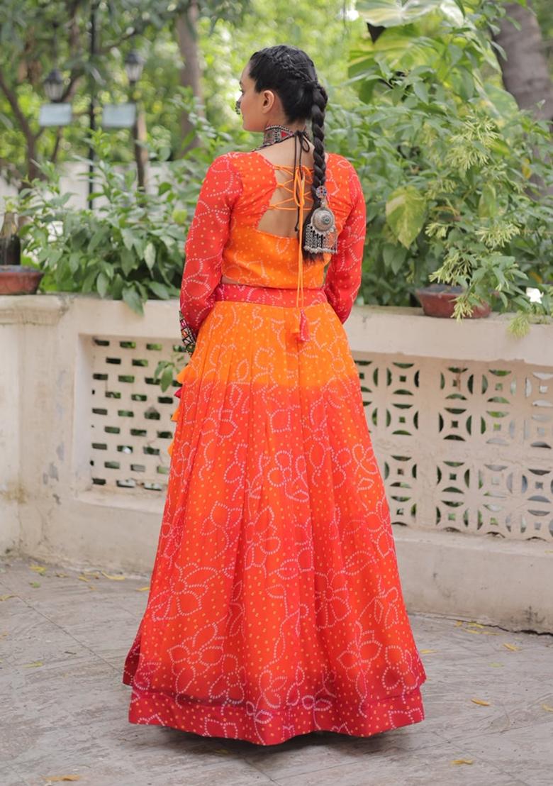 Orange Kutch Work Georgette Lehenga Set - Indya