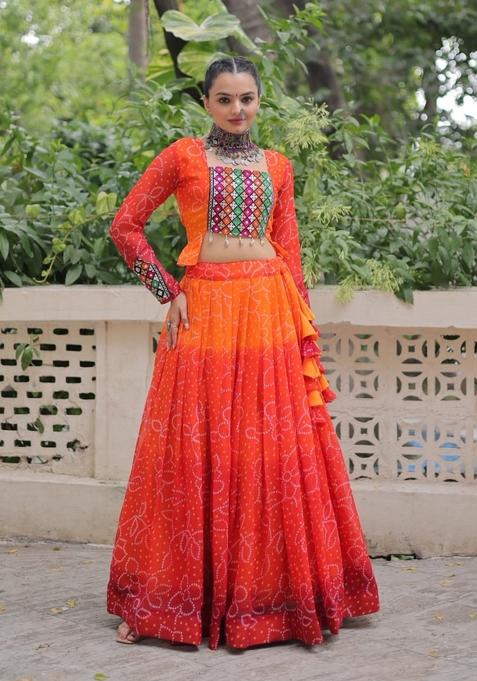 Orange Kutch Work Georgette Chaniya Choli Set For Navratri And Garba