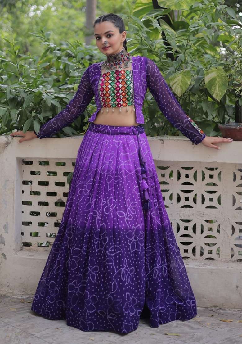 Purple Kutch Work Georgette Chaniya Choli Set For Navratri And Garba - Indya