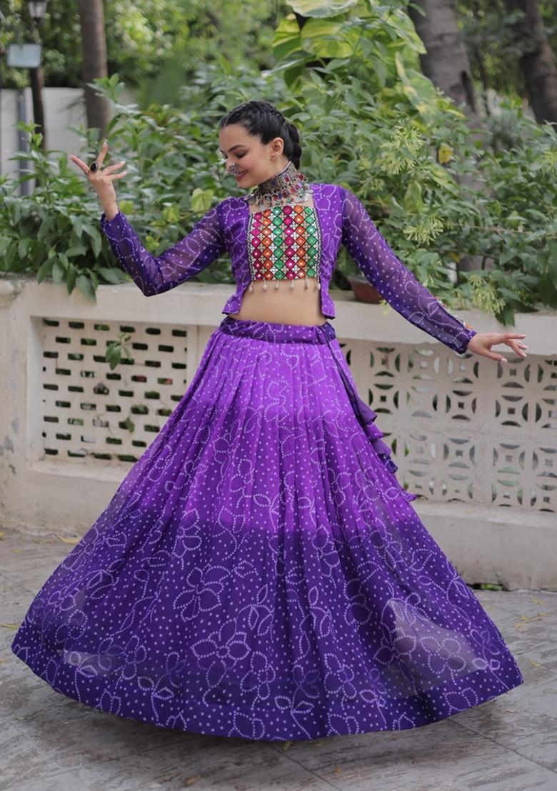 Purple Kutch Work Georgette Lehenga Set - Indya