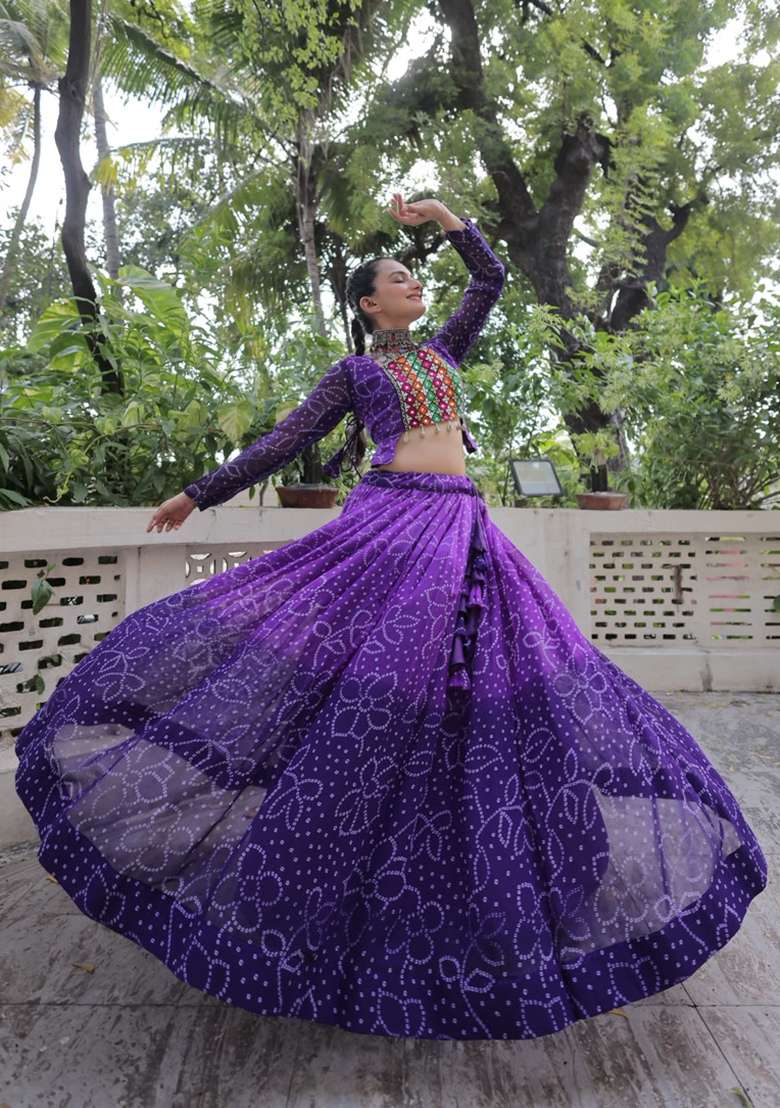 Purple Kutch Work Georgette Chaniya Choli Set For Navratri And Garba - Indya