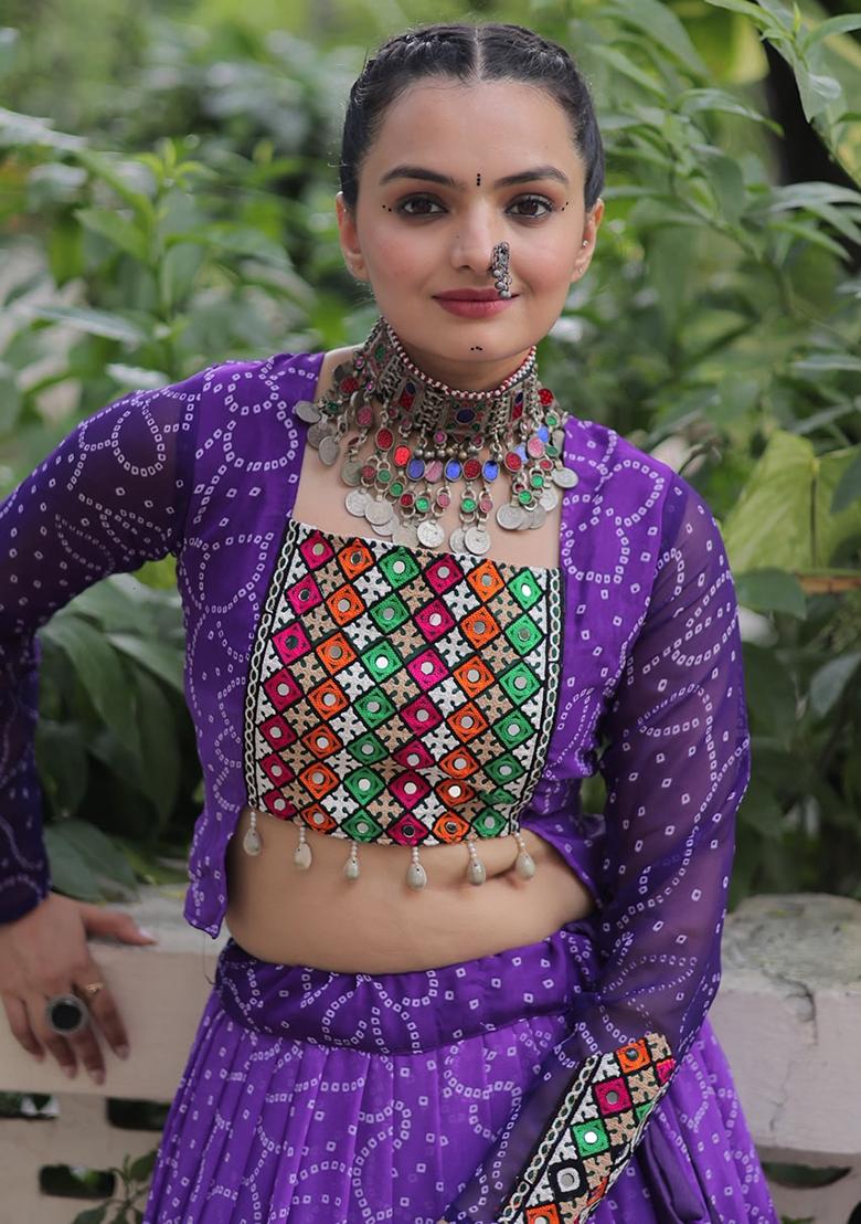 Purple Kutch Work Georgette Lehenga Set - Indya