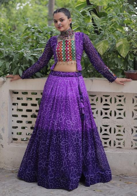 Purple Kutch Work Georgette Chaniya Choli Set For Navratri And Garba