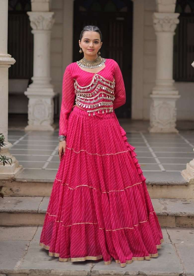 Pink Lehariya Georgette Chaniya Choli Set For Navratri And Garba - Indya
