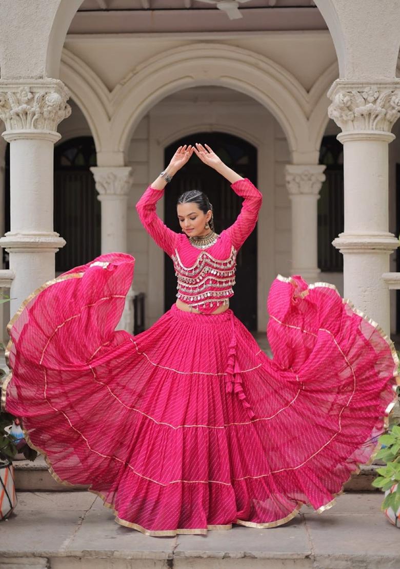 Pink Lehariya Georgette Lehenga Set - Indya