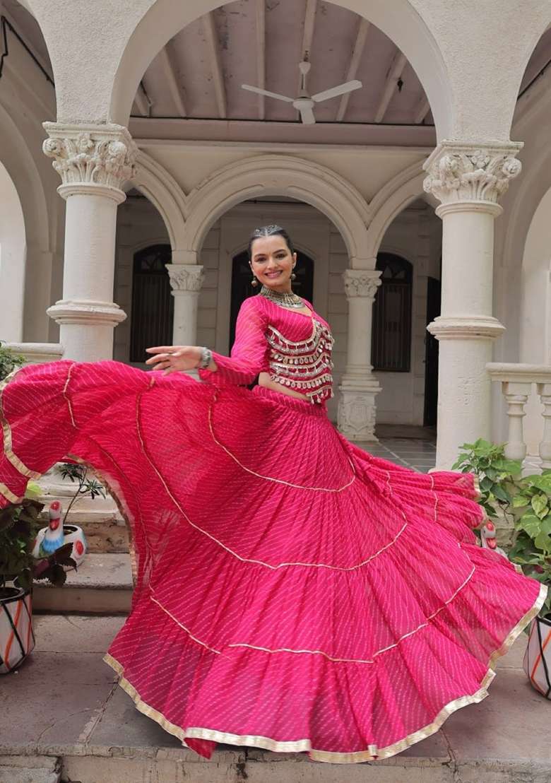 Pink Lehariya Georgette Chaniya Choli Set For Navratri And Garba - Indya